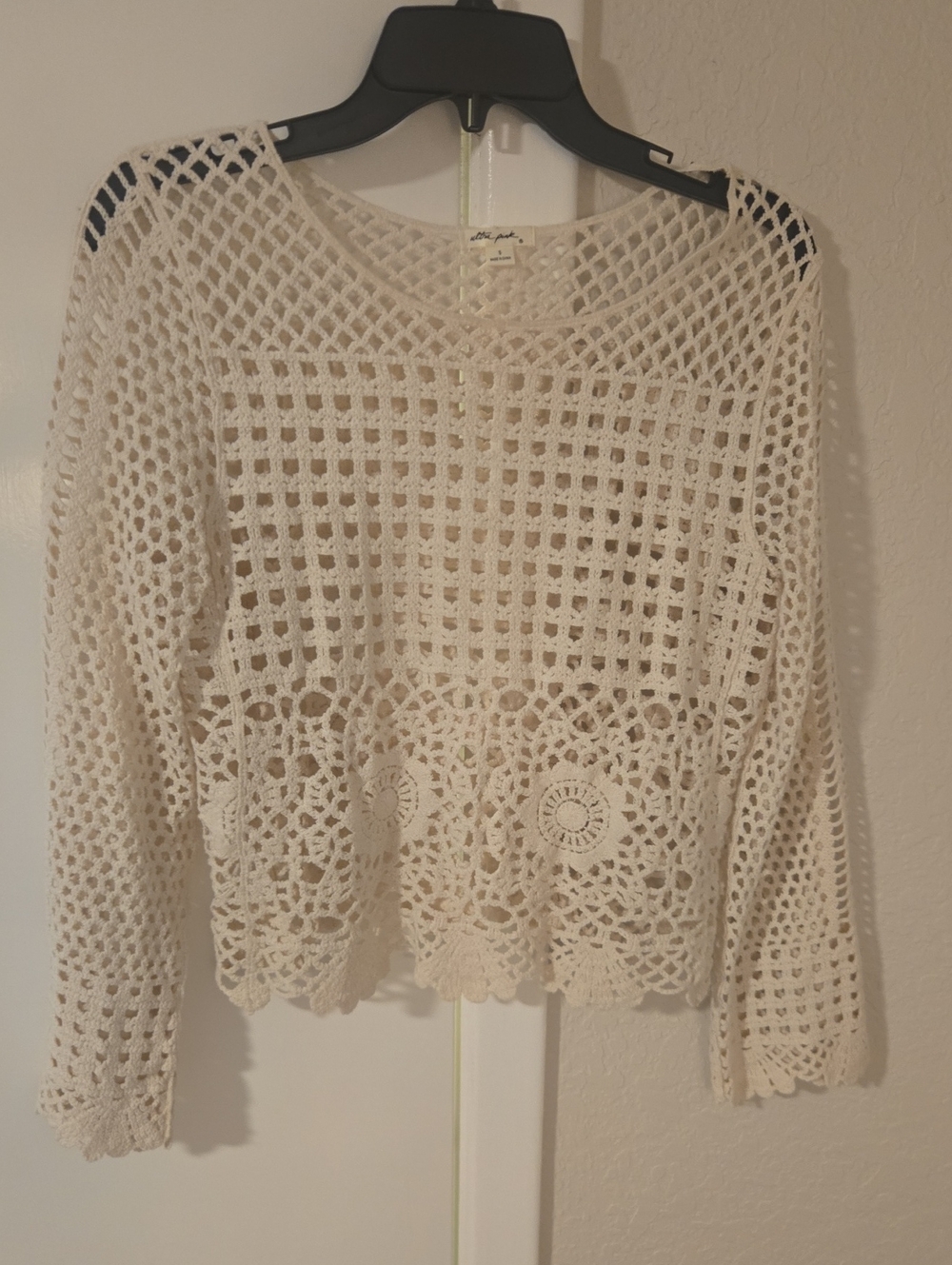 Crochet Openwork Long-Sleeve Top - Cream